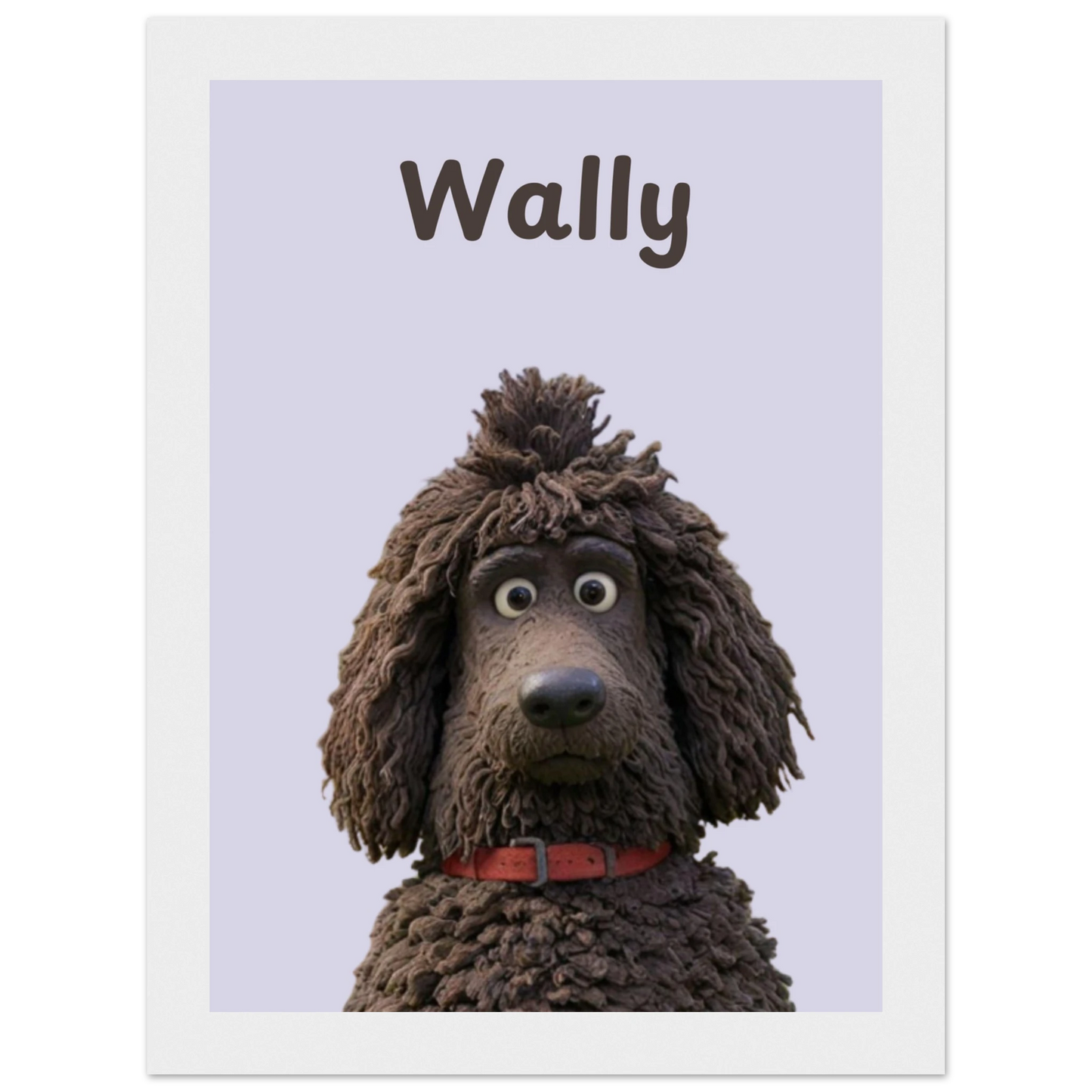 A cartoon style personalised dog portrait of a dog named Wally, designed with sleek lines and vibrant colors. This unique artwork makes a perfect personalised gift for pet lovers.White frame.