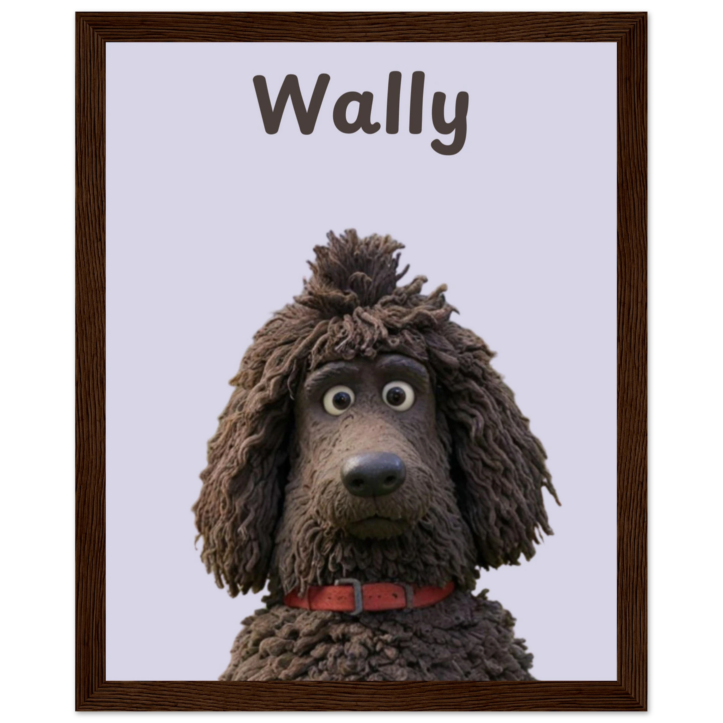 A cartoon style personalised dog portrait of a dog named Wally, designed with sleek lines and vibrant colors. This unique artwork makes a perfect personalised gift for pet lovers. Dark wood frame.
