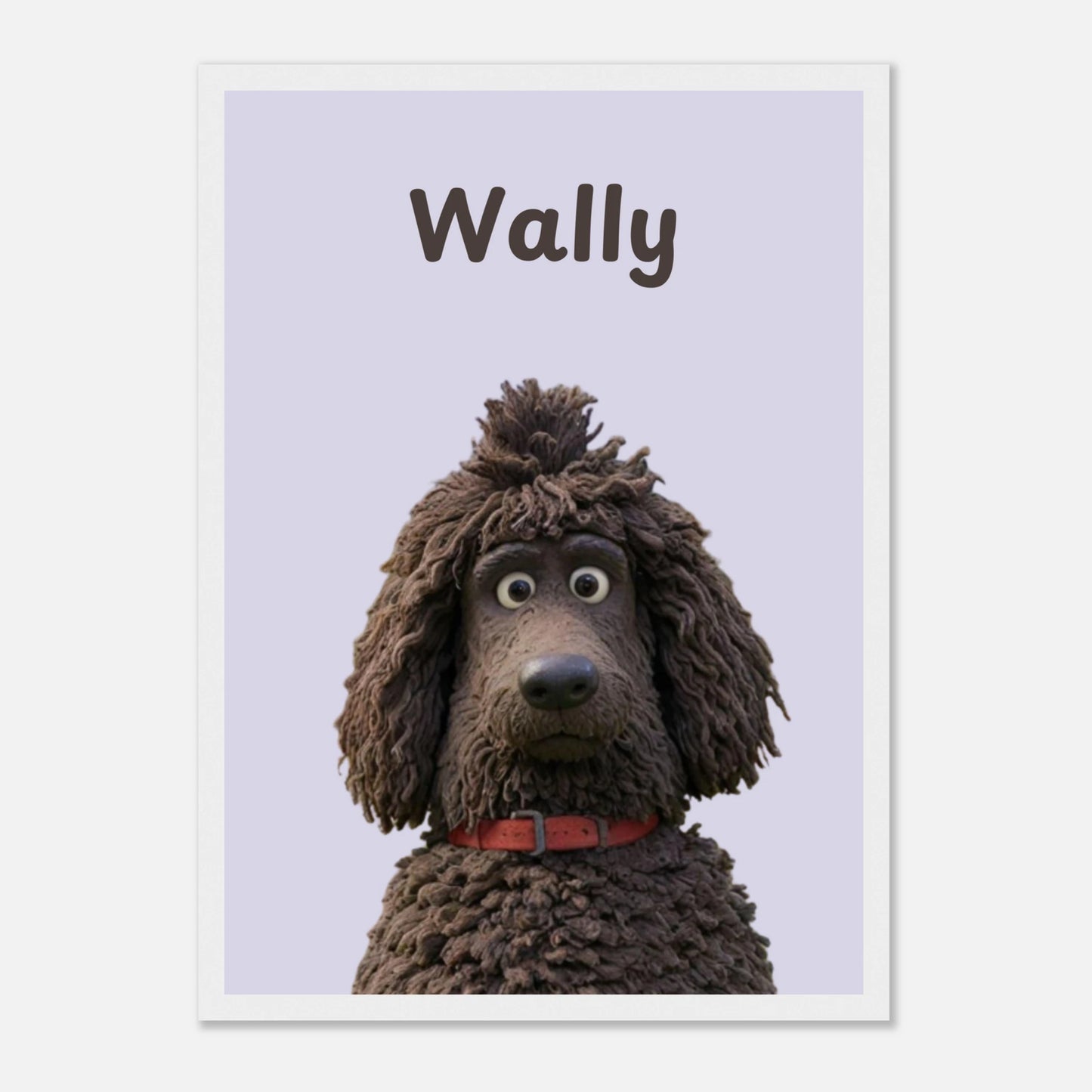 A cartoon style personalised dog portrait of a dog named Wally, designed with sleek lines and vibrant colors. This unique artwork makes a perfect personalised gift for pet lovers.White frame.