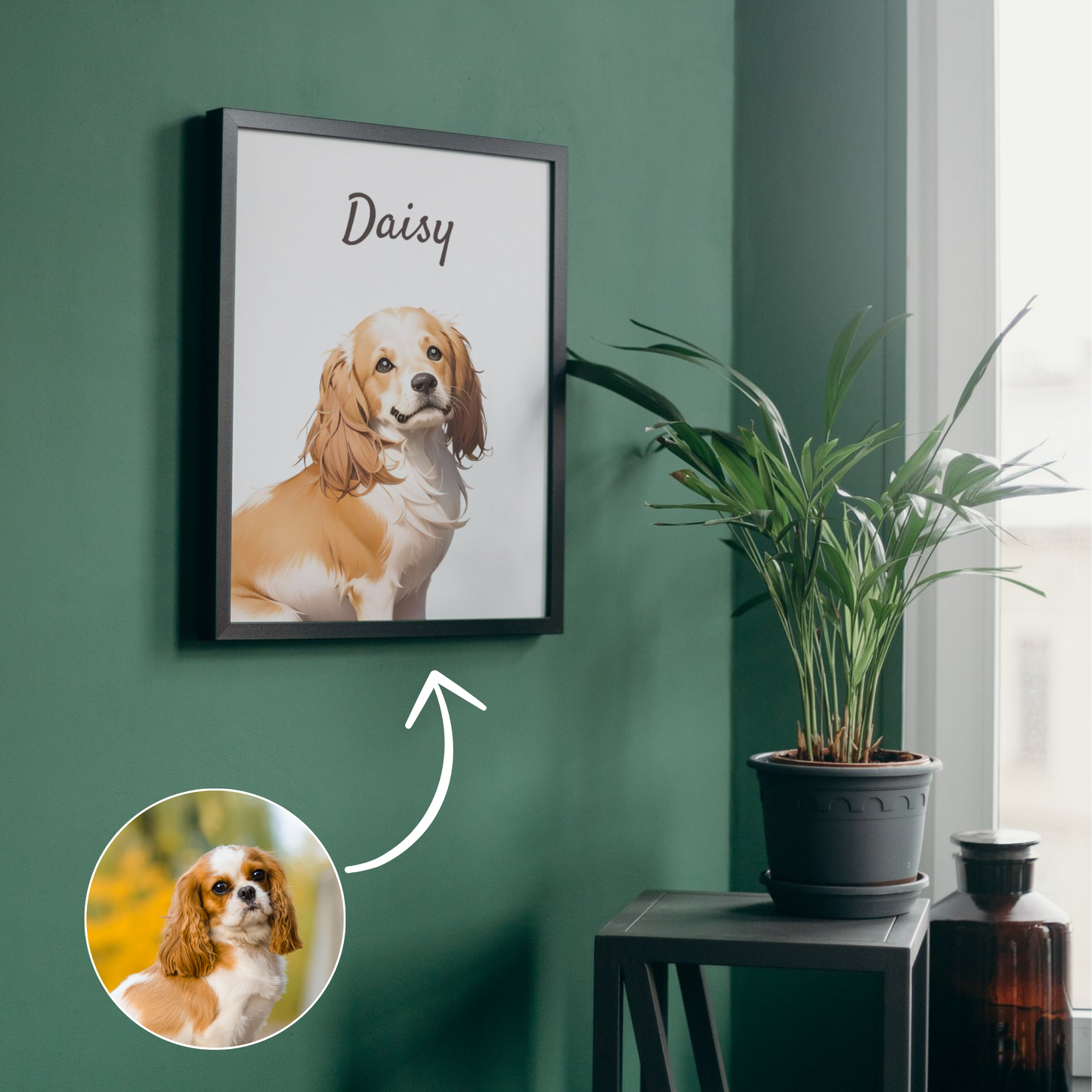 Custom dog portrait with black frame in a green wall