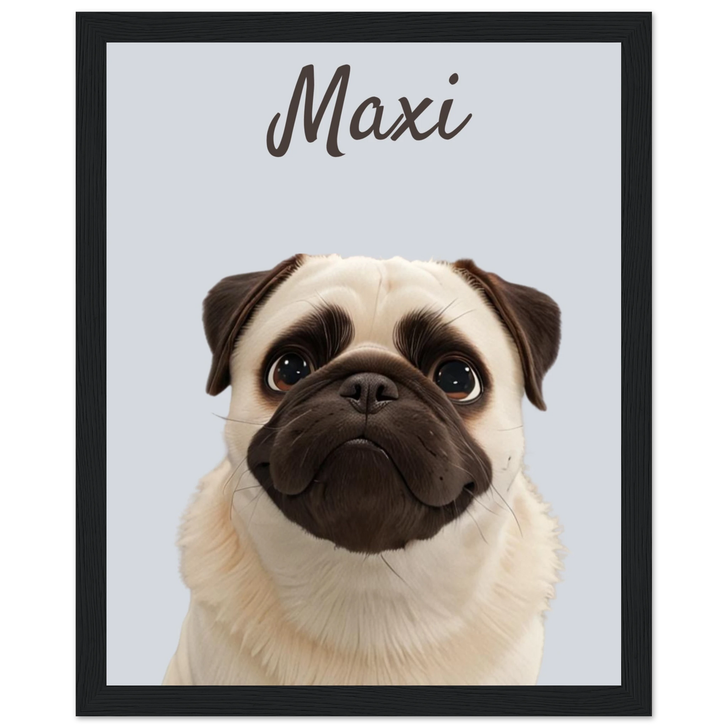 A modern-style custom dog portrait with black frame of a pug named Maxi, designed with sleek lines and vibrant colours. This unique artwork makes a perfect custom gift for pet lovers.