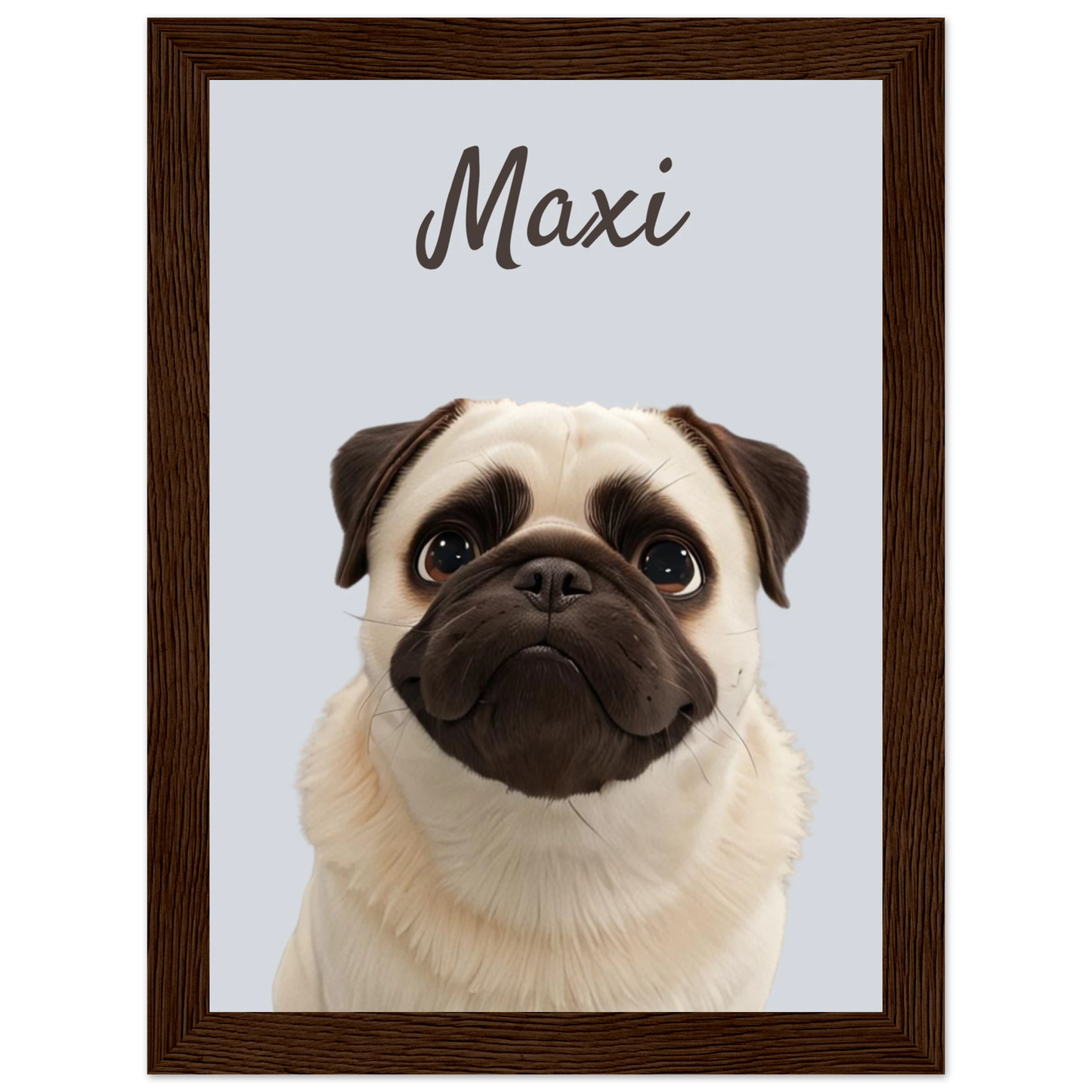 A modern-style custom dog portrait with dark wood frame of a pug named Maxi, designed with sleek lines and vibrant colours. This unique artwork makes a perfect custom gift for pet lovers.