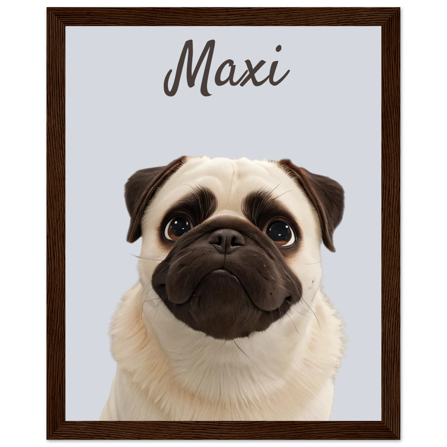 A modern-style custom dog portrait with white frame of a pug named Maxi, designed with sleek lines and vibrant colours. This unique artwork makes a perfect custom gift for pet lovers.