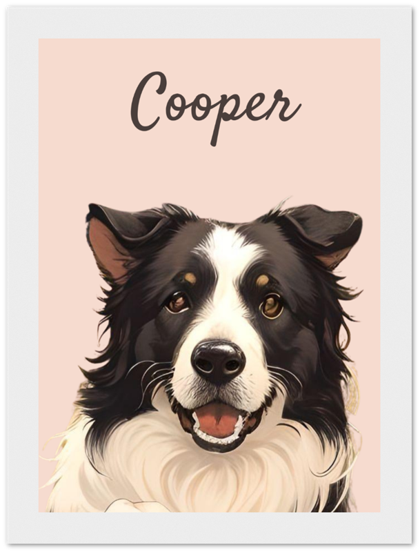 A modern-style custom dog portrait with white frame of a border collie named Cooper, designed with sleek lines and vibrant colours. This unique artwork makes a perfect custom gift for pet lovers.