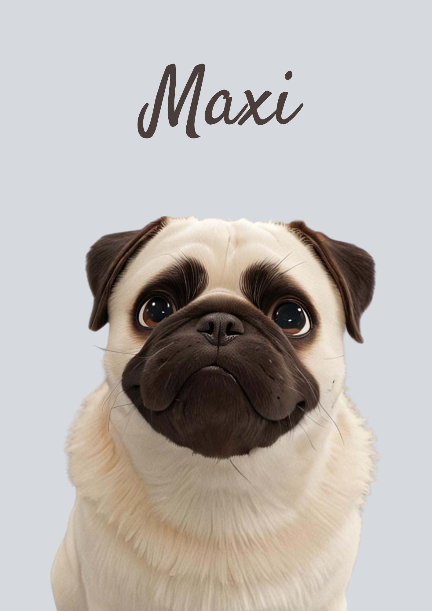 A modern-style custom dog portrait of a pug named Maxi, designed with sleek lines and vibrant colours. This unique artwork makes a perfect custom gift for pet lovers.