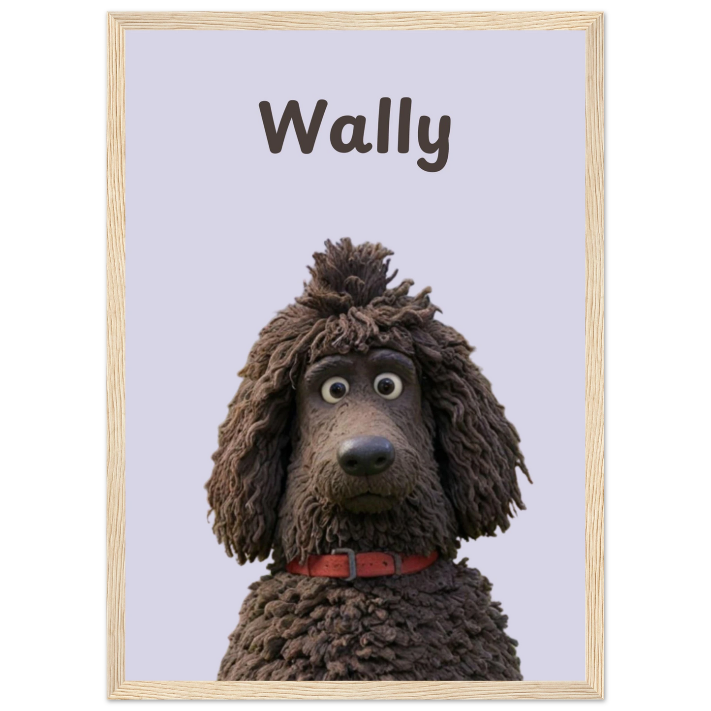 A cartoon style personalised dog portrait of a dog named Wally, designed with sleek lines and vibrant colors. This unique artwork makes a perfect personalised gift for pet lovers.Wood frame.