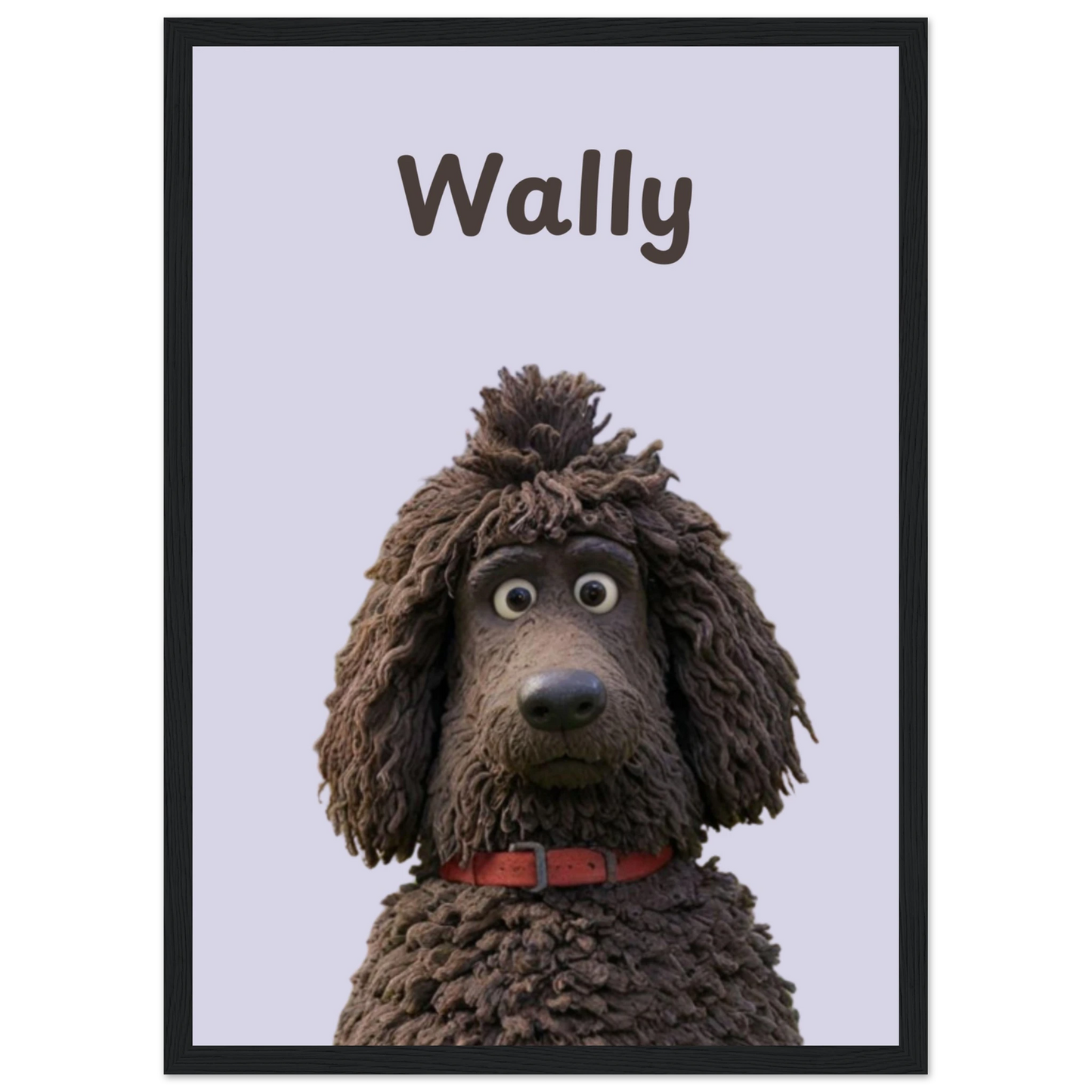 A cartoon style personalised dog portrait of a dog named Wally, designed with sleek lines and vibrant colors. This unique artwork makes a perfect personalised gift for pet lovers. Black frame