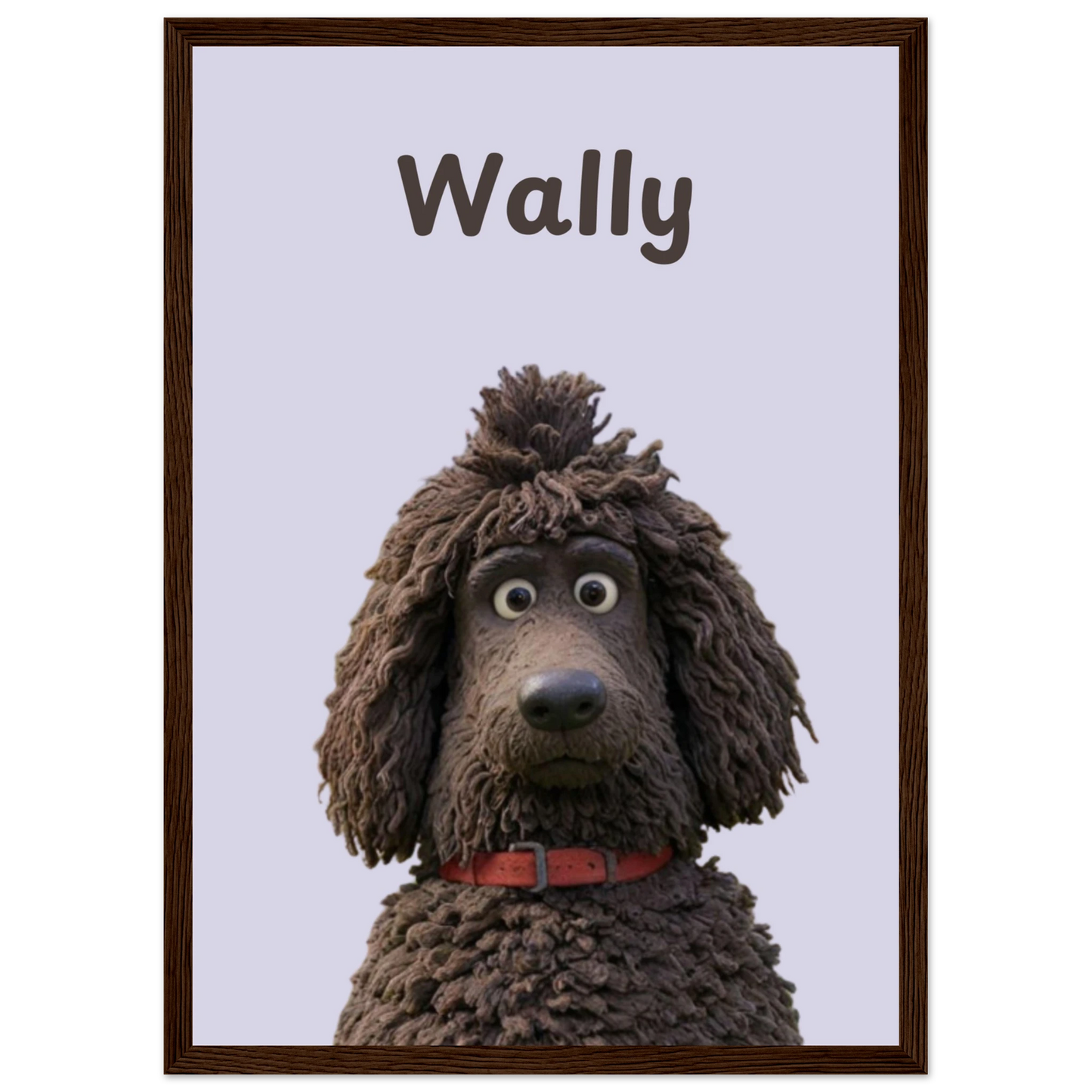 A cartoon style personalised dog portrait of a dog named Wally, designed with sleek lines and vibrant colors. This unique artwork makes a perfect personalised gift for pet lovers. Dark wood frame.