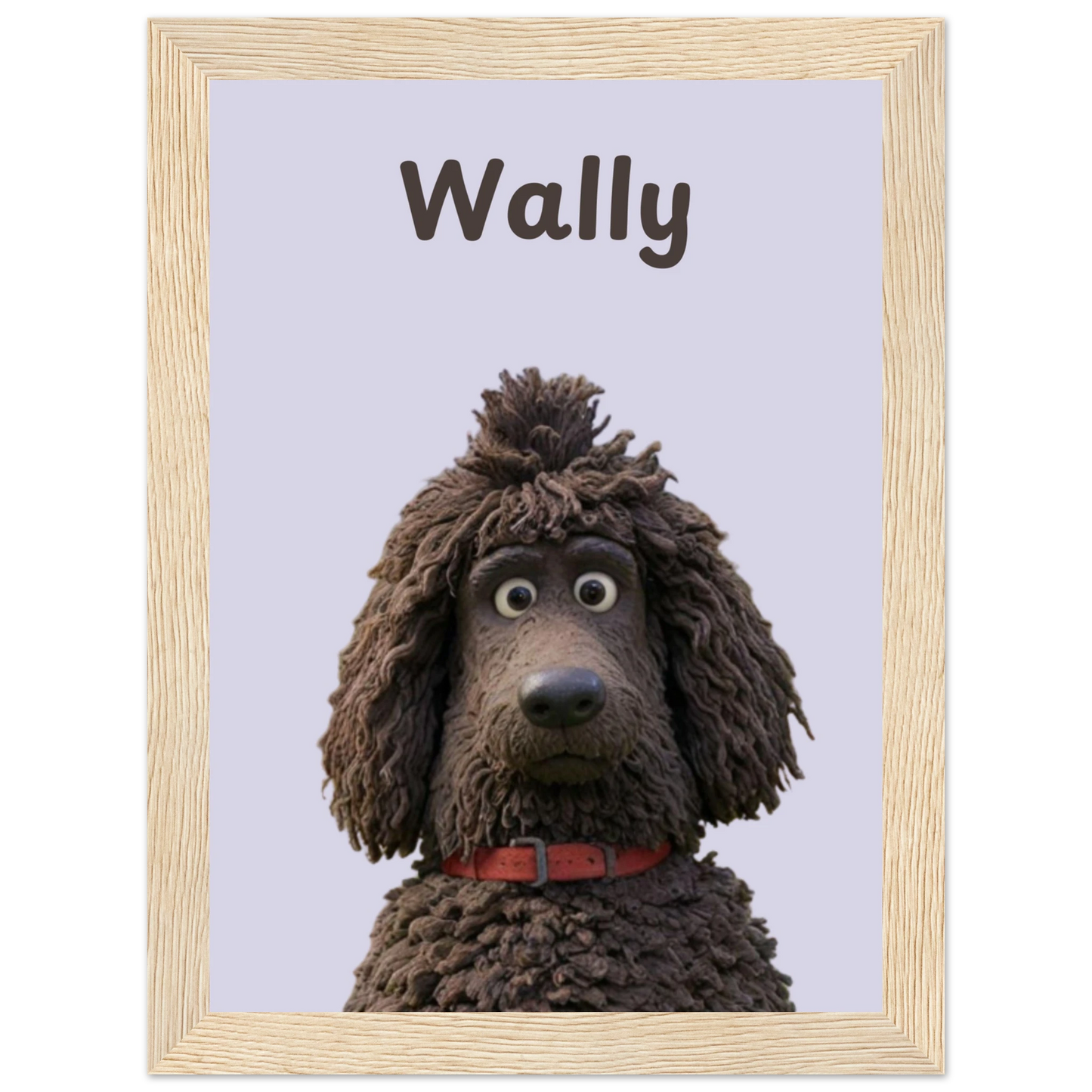 A cartoon style personalised dog portrait of a dog named Wally, designed with sleek lines and vibrant colors. This unique artwork makes a perfect personalised gift for pet lovers.Wood frame.