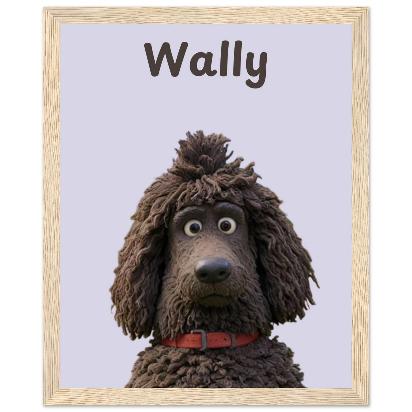 A cartoon style personalised dog portrait of a dog named Wally, designed with sleek lines and vibrant colors. This unique artwork makes a perfect personalised gift for pet lovers.Wood frame.