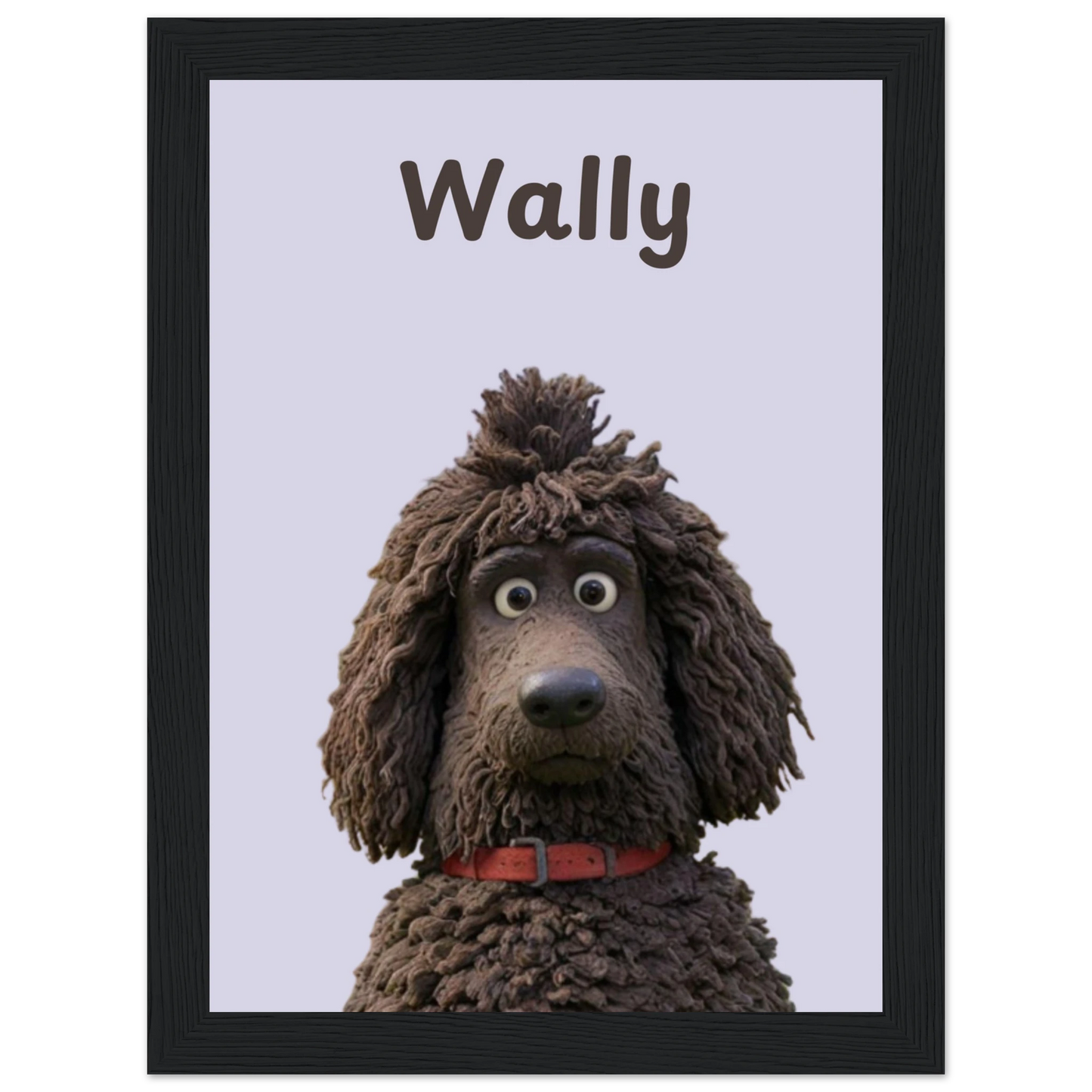 A cartoon style personalised dog portrait of a dog named Wally, designed with sleek lines and vibrant colors. This unique artwork makes a perfect personalised gift for pet lovers. Black frame.