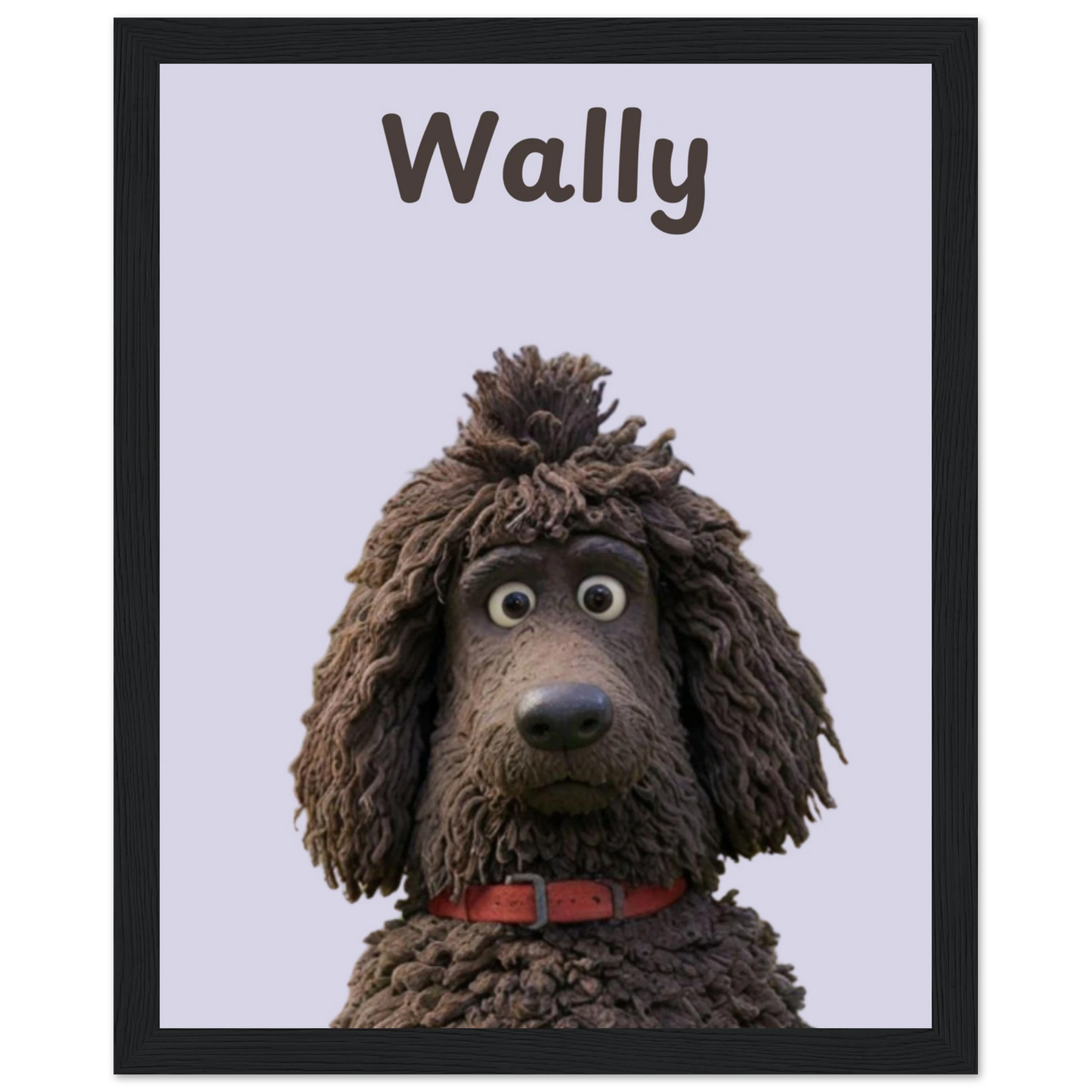 A cartoon style personalised dog portrait of a dog named Wally, designed with sleek lines and vibrant colors. This unique artwork makes a perfect personalised gift for pet lovers. Black frame.