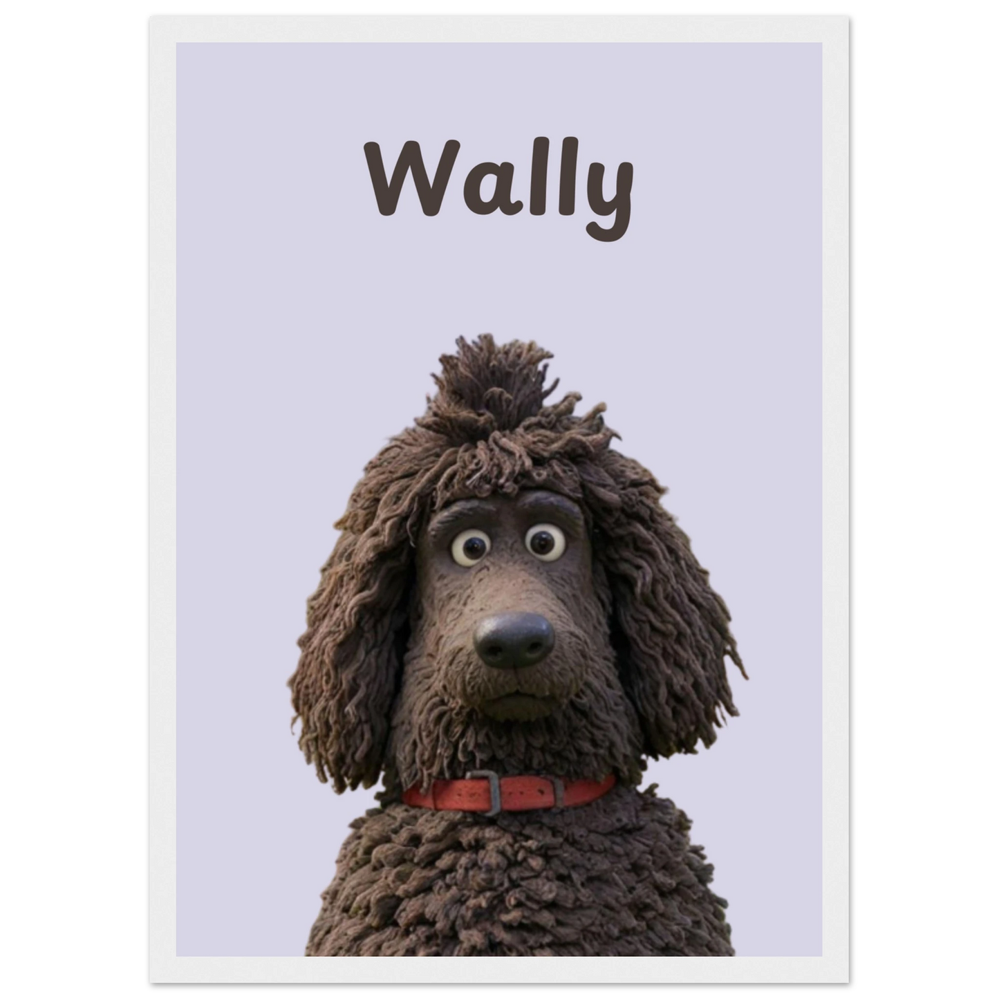 A cartoon style personalised dog portrait of a dog named Wally, designed with sleek lines and vibrant colors. This unique artwork makes a perfect personalised gift for pet lovers.White frame.