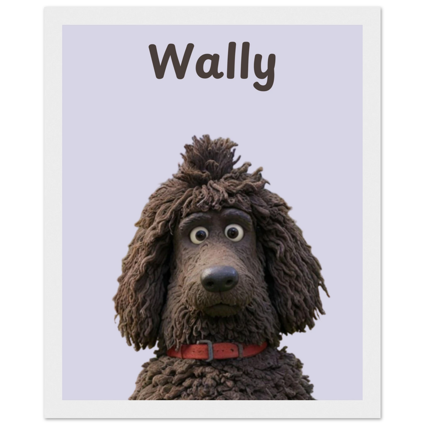 A cartoon style personalised dog portrait of a dog named Wally, designed with sleek lines and vibrant colors. This unique artwork makes a perfect personalised gift for pet lovers.White frame.