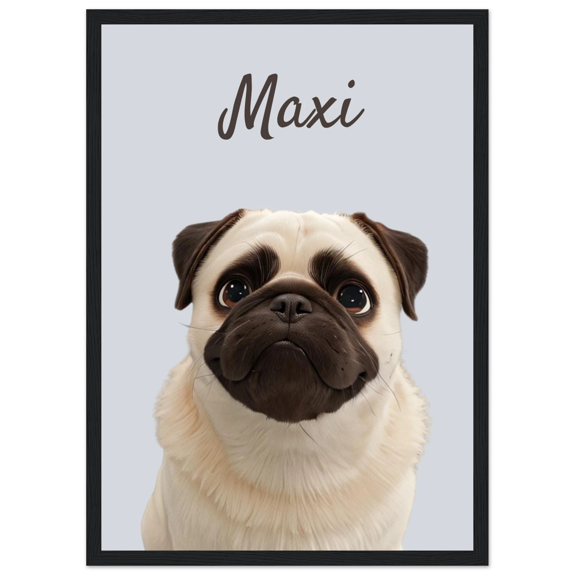 A modern-style custom dog portrait with black frame of a pug named Maxi, designed with sleek lines and vibrant colours. This unique artwork makes a perfect custom gift for pet lovers.