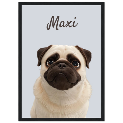 A modern-style custom dog portrait with black frame of a pug named Maxi, designed with sleek lines and vibrant colours. This unique artwork makes a perfect custom gift for pet lovers.