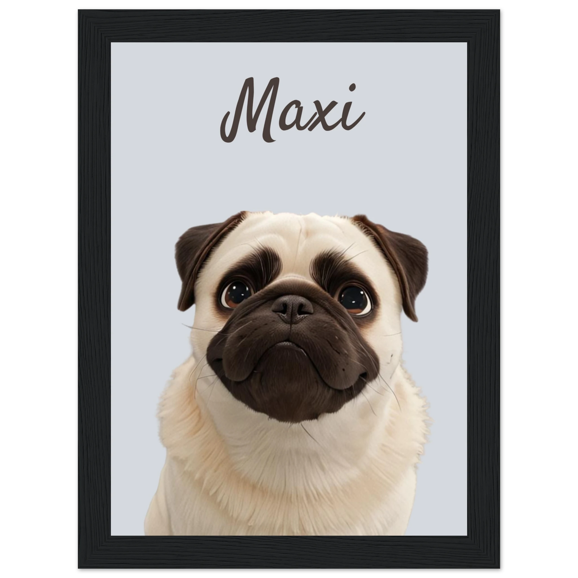 A modern-style custom dog portrait with black frame of a pug named Maxi, designed with sleek lines and vibrant colours. This unique artwork makes a perfect custom gift for pet lovers.