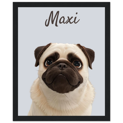 A modern-style custom dog portrait with black frame of a pug named Maxi, designed with sleek lines and vibrant colours. This unique artwork makes a perfect custom gift for pet lovers.