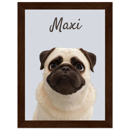 A modern-style custom dog portrait with dark wood frame of a pug named Maxi, designed with sleek lines and vibrant colours. This unique artwork makes a perfect custom gift for pet lovers.
