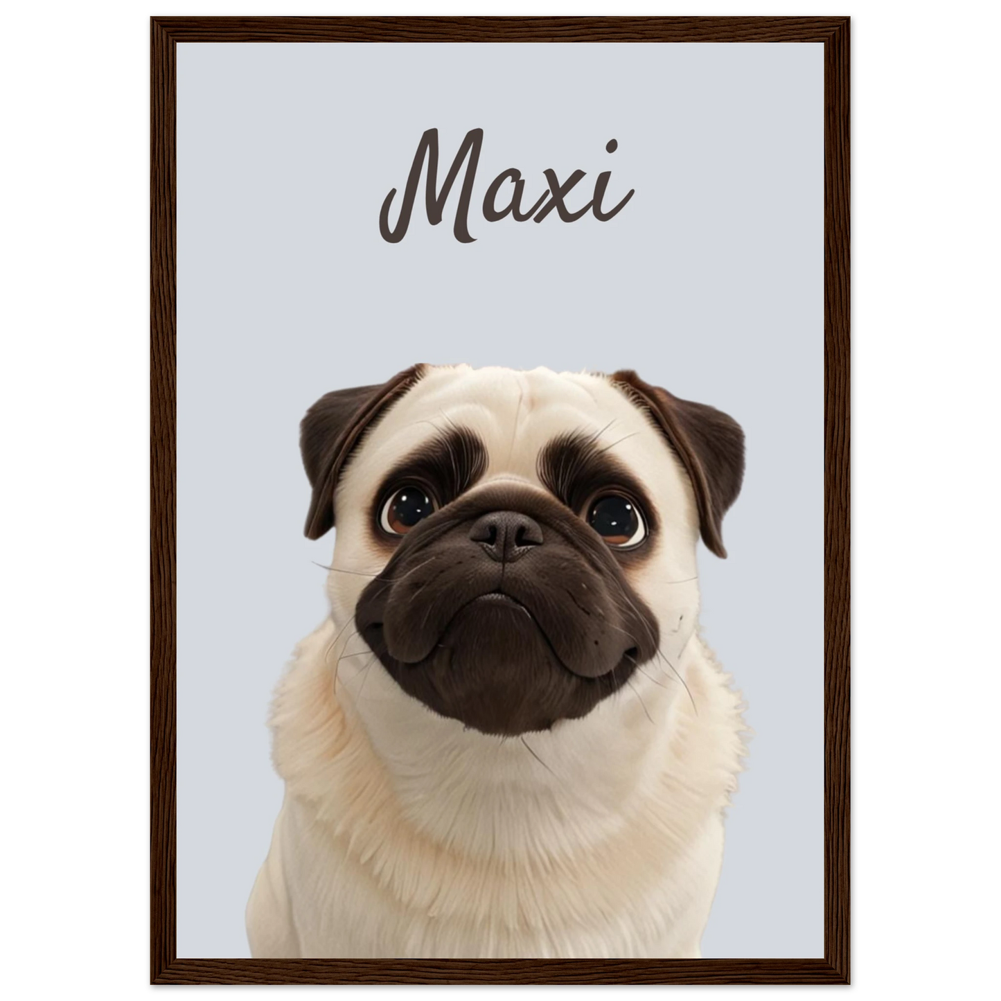 A modern-style custom dog portrait with dark wood frame of a pug named Maxi, designed with sleek lines and vibrant colours. This unique artwork makes a perfect custom gift for pet lovers.