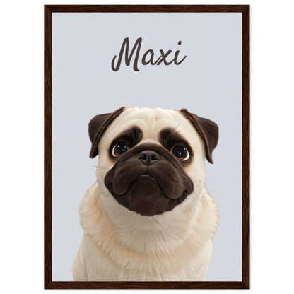 A modern-style custom dog portrait with dark wood frame of a pug named Maxi, designed with sleek lines and vibrant colours. This unique artwork makes a perfect custom gift for pet lovers.