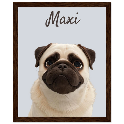 A modern-style custom dog portrait with white frame of a pug named Maxi, designed with sleek lines and vibrant colours. This unique artwork makes a perfect custom gift for pet lovers.