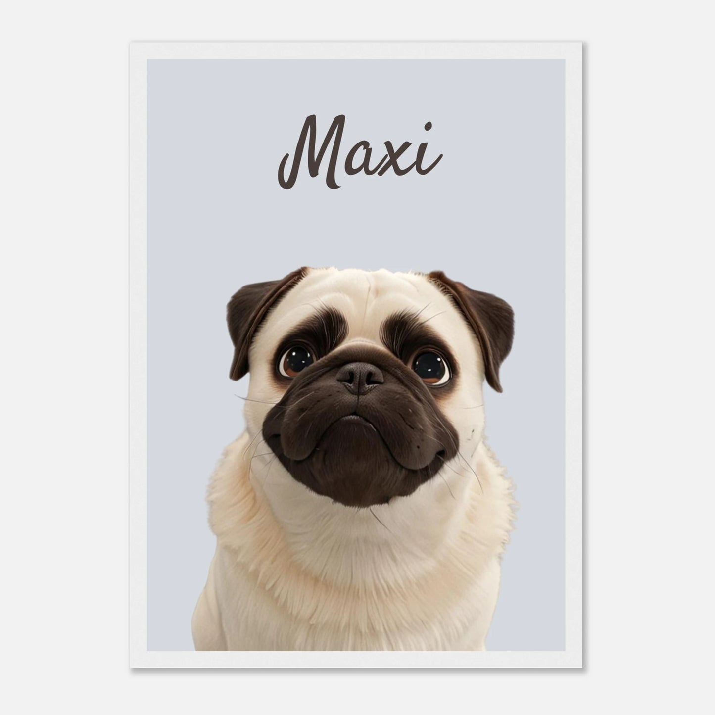 A modern-style custom dog portrait with white frame of a pug named Maxi, designed with sleek lines and vibrant colours. This unique artwork makes a perfect custom gift for pet lovers.