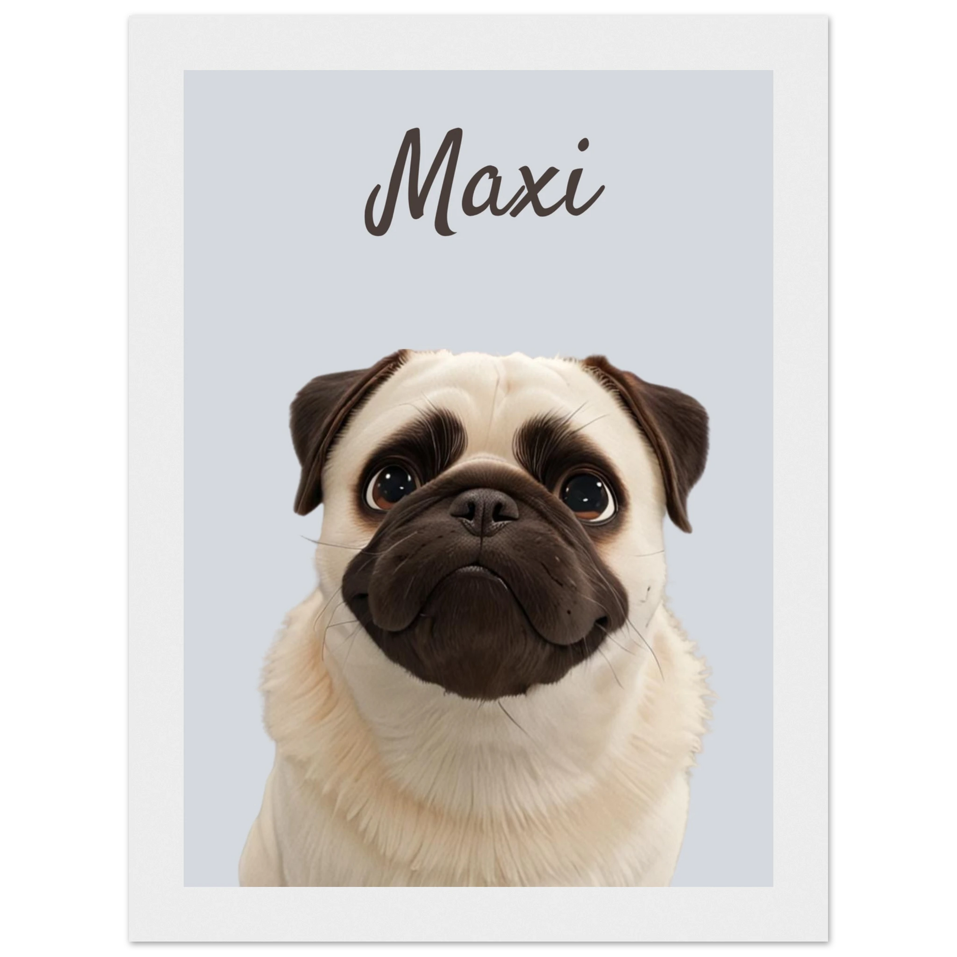 A modern-style custom dog portrait with white frame of a pug named Maxi, designed with sleek lines and vibrant colours. This unique artwork makes a perfect custom gift for pet lovers.