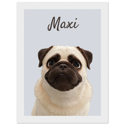 A modern-style custom dog portrait with white frame of a pug named Maxi, designed with sleek lines and vibrant colours. This unique artwork makes a perfect custom gift for pet lovers.