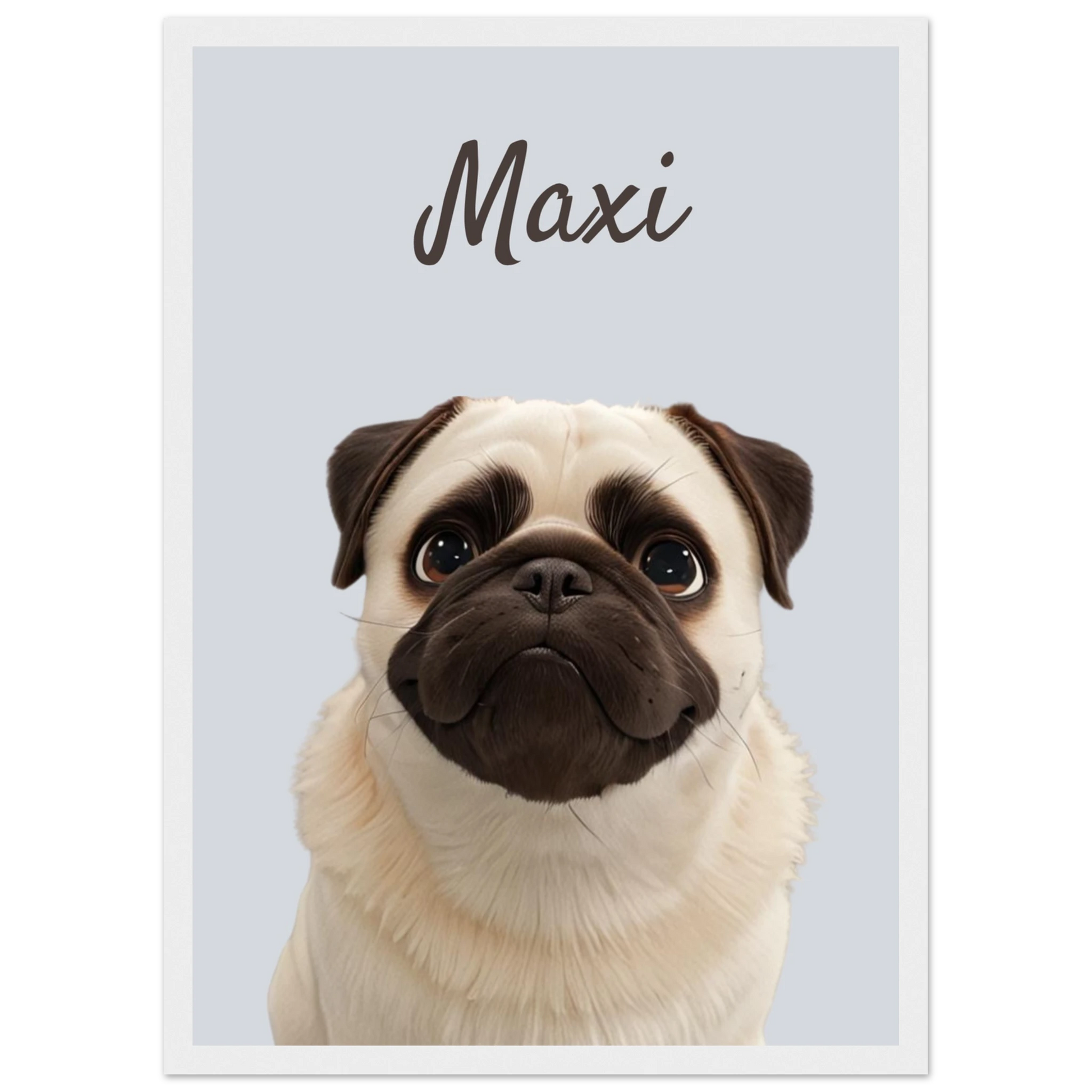 A modern-style custom dog portrait with white frame of a pug named Maxi, designed with sleek lines and vibrant colours. This unique artwork makes a perfect custom gift for pet lovers.