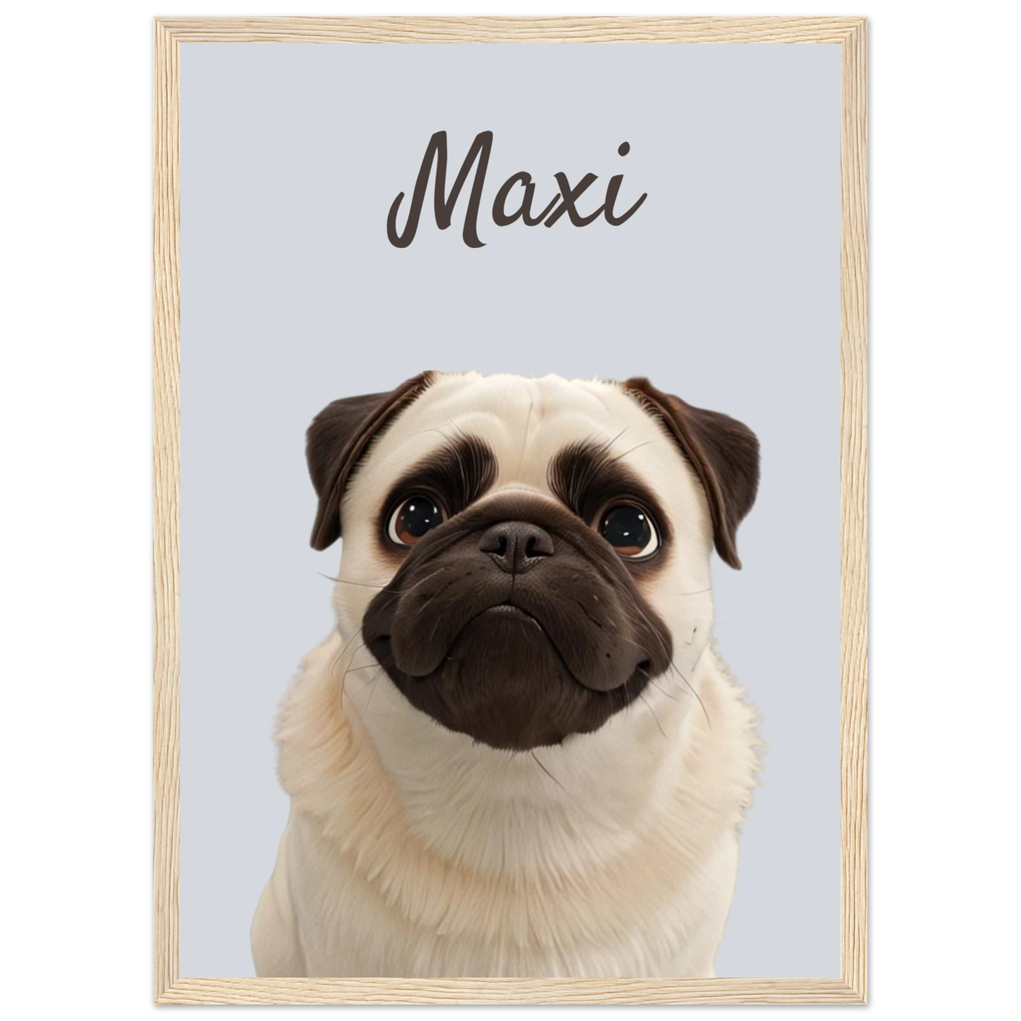 A modern-style custom dog portrait with wood frame of a pug named Maxi, designed with sleek lines and vibrant colours. This unique artwork makes a perfect custom gift for pet lovers.