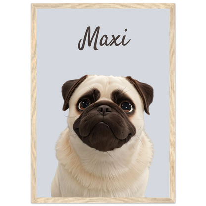 A modern-style custom dog portrait with wood frame of a pug named Maxi, designed with sleek lines and vibrant colours. This unique artwork makes a perfect custom gift for pet lovers.