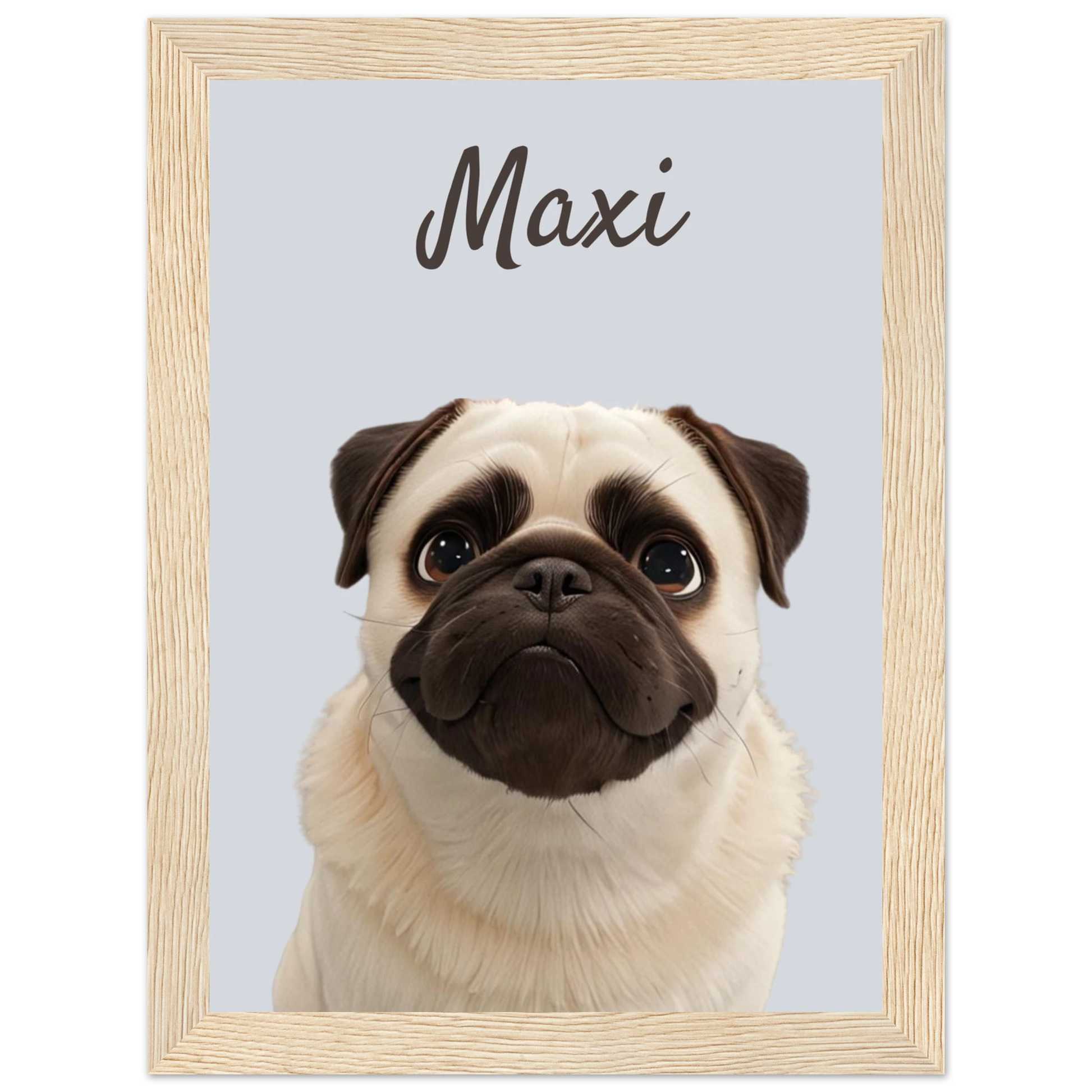 A modern-style custom dog portrait with wood frame of a pug named Maxi, designed with sleek lines and vibrant colours. This unique artwork makes a perfect custom gift for pet lovers.