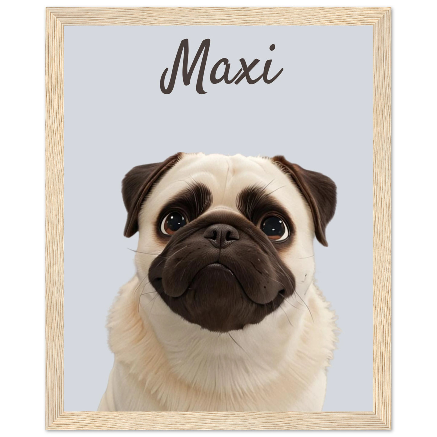 A modern-style custom dog portrait with wood frame of a pug named Maxi, designed with sleek lines and vibrant colours. This unique artwork makes a perfect custom gift for pet lovers.
