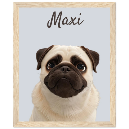 A modern-style custom dog portrait with wood frame of a pug named Maxi, designed with sleek lines and vibrant colours. This unique artwork makes a perfect custom gift for pet lovers.