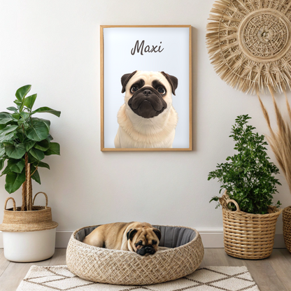 Modern dog portrait of a pug in a boho living room